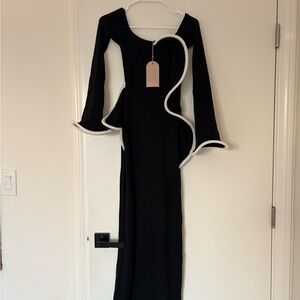 MESHKI Off-Shoulder Knit Black Dress with White Trim